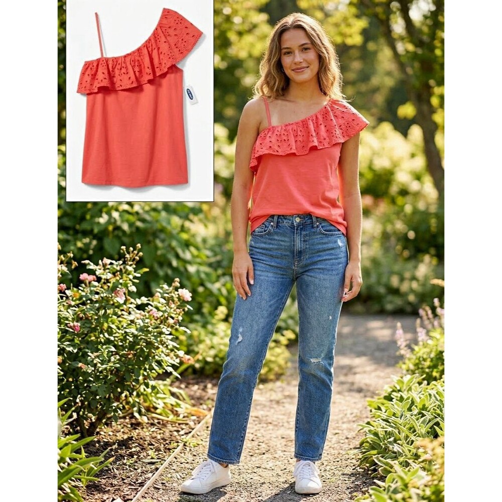 Old Navy Women’s Charming Coral One-Shoulder Ruffle Eyelet Knit Tank Top Size M